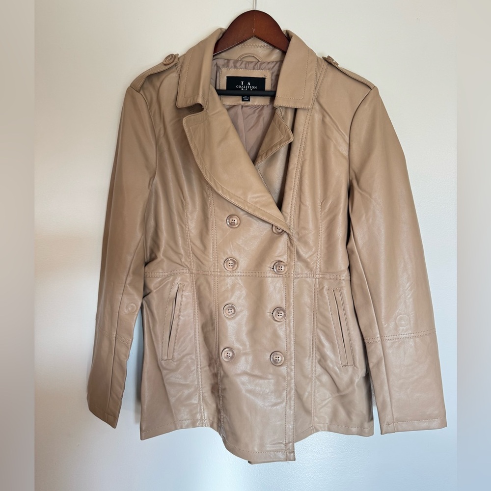 Cream Tan Double-Breasted Soft Vegan Leather Jacket Women’s Size XL